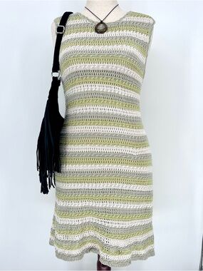 American Eagle Green Crochet Knit Dress Open Back Boho Cottagecore Y2K Vibe